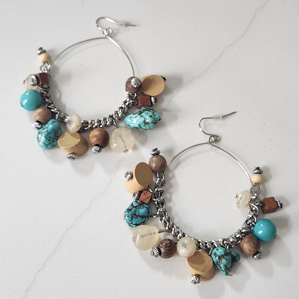 Silver and Turquoise Beaded Hoop Earrings By M. Haskell - Picture 7 of 10